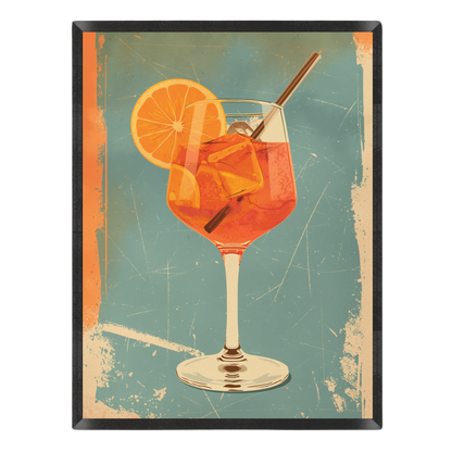 Wall art print featuring a retro-style illustration of an orange cocktail in a wine glass with a straw, set against a distressed teal background with orange and beige border accents.