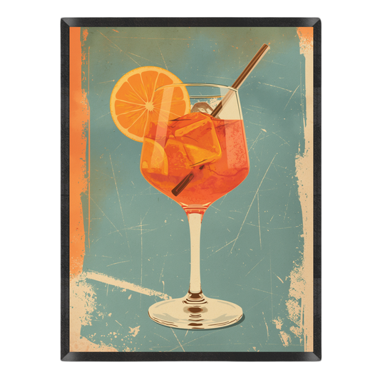 Wall art print featuring a retro-style illustration of an orange cocktail in a wine glass with a straw, set against a distressed teal background with orange and beige border accents.