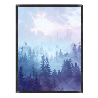 Wall art print depicting a misty pine forest under a soft pastel sky, with a black frame on a white background.