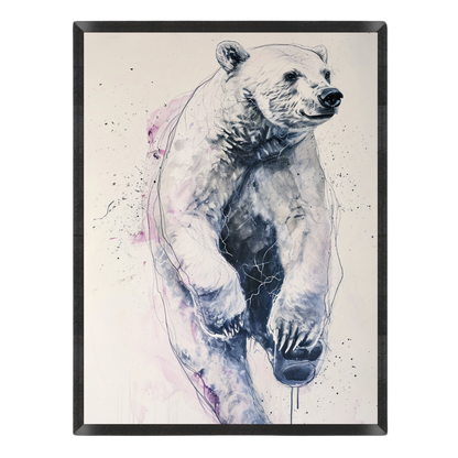 Wall art featuring a watercolor-style polar bear illustration in white, gray, and blue tones with soft pink watercolor accents, shown against a light background.