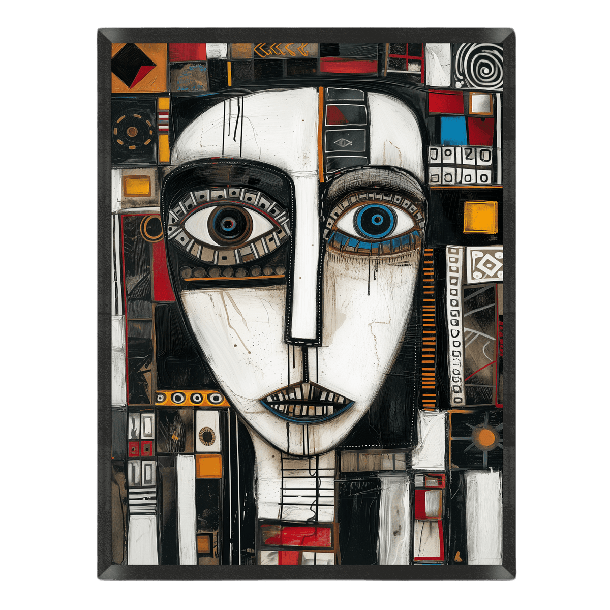 tribal-inspired abstract portrait art print featuring a stylized face with large, expressive eyes surrounded by intricate geometric mosaic patterns, symbols, and grid details in black, white, red, yellow, and blue accents, enclosed in a thin black frame