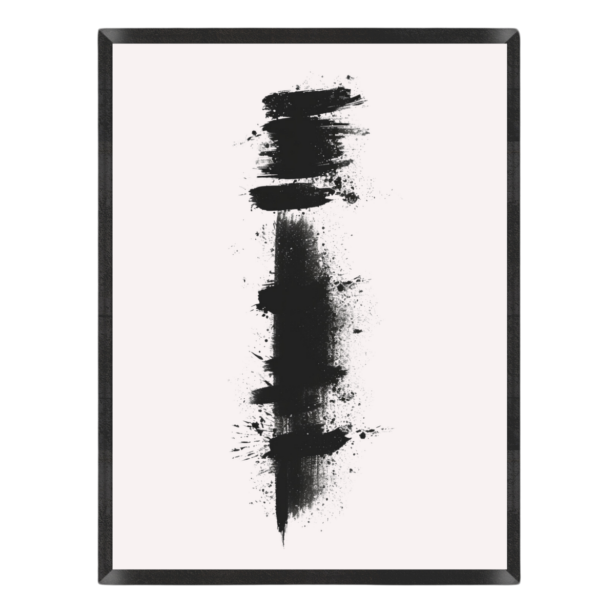 Abstract wall art featuring a vertical black ink-blot style design on a very light off-white background, enclosed in a thin black frame.
