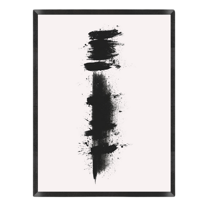 Abstract wall art featuring a vertical black ink-blot style design on a very light off-white background, enclosed in a thin black frame.