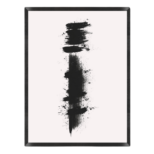 Abstract wall art featuring a vertical black ink-blot style design on a very light off-white background, enclosed in a thin black frame.
