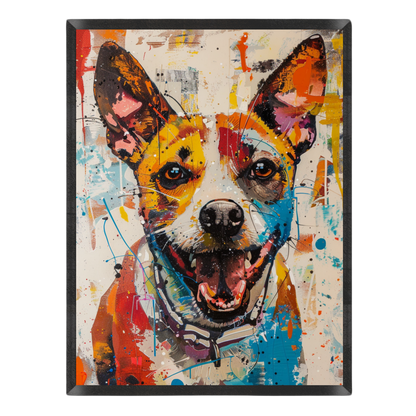 A colorful portrait painting of a dog's face, featuring expressive brushstrokes and splatters in yellow, blue, orange, red, black, and white, set against a plain white background.