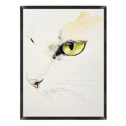 A minimalist watercolor and ink wall art illustration of a white cat's face close-up, showcasing a detailed green eye, fine line work, and subtle light yellow accents set inside a thin black frame.