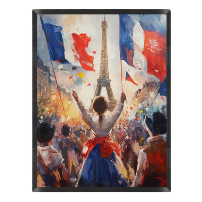 Wall art painting depicting a Parisian crowd with the Eiffel Tower in the background, featuring large French flags and a central figure seen from behind with arms raised. The artwork is housed in a black frame and shown against a plain white background.