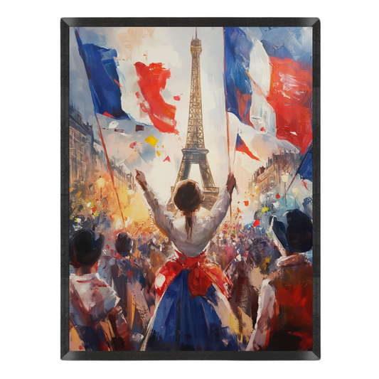 Wall art painting depicting a Parisian crowd with the Eiffel Tower in the background, featuring large French flags and a central figure seen from behind with arms raised. The artwork is housed in a black frame and shown against a plain white background.