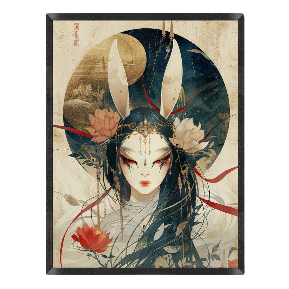 Wall art print featuring a stylized fantasy portrait of a woman with long dark hair, white rabbit-like ears, red eye makeup, and floral details on a textured beige background with a dark circular motif.