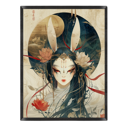 Wall art print featuring a stylized fantasy portrait of a woman with long dark hair, white rabbit-like ears, red eye makeup, and floral details on a textured beige background with a dark circular motif.