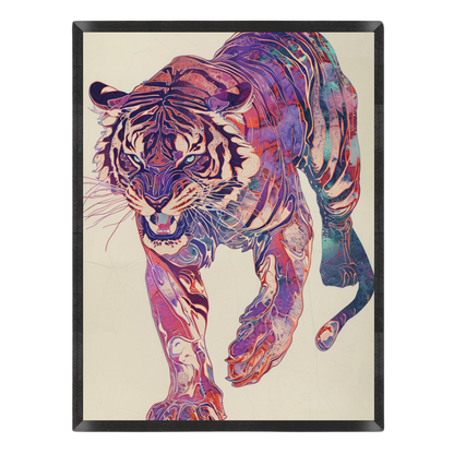 Wall art print featuring a stylized, colorful tiger illustration in shades of purple, blue, pink, and orange on a cream background, enclosed in a black frame.