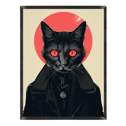 Wall art print featuring a stylized black cat with glowing red eyes and a black coat, set against a beige background with a large red circular shape behind it.