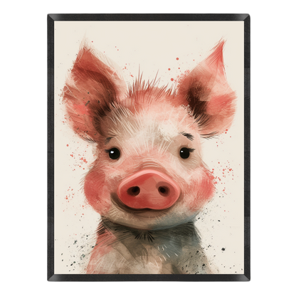 A watercolor-style wall art print featuring a cute pink pig face and upper body on a light cream background, shown against a plain white backdrop.