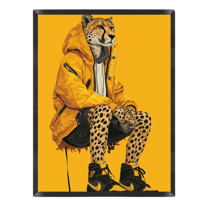 Wall art print featuring a stylized illustration of a cheetah dressed in a bright yellow hooded jacket, white shirt, black shorts, and black sneakers with yellow accents, set against a solid yellow background.