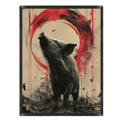 Wall art print featuring a black-and-white illustration of a pig looking upward, set against a beige background with a large red circular brushstroke and red paint drips.