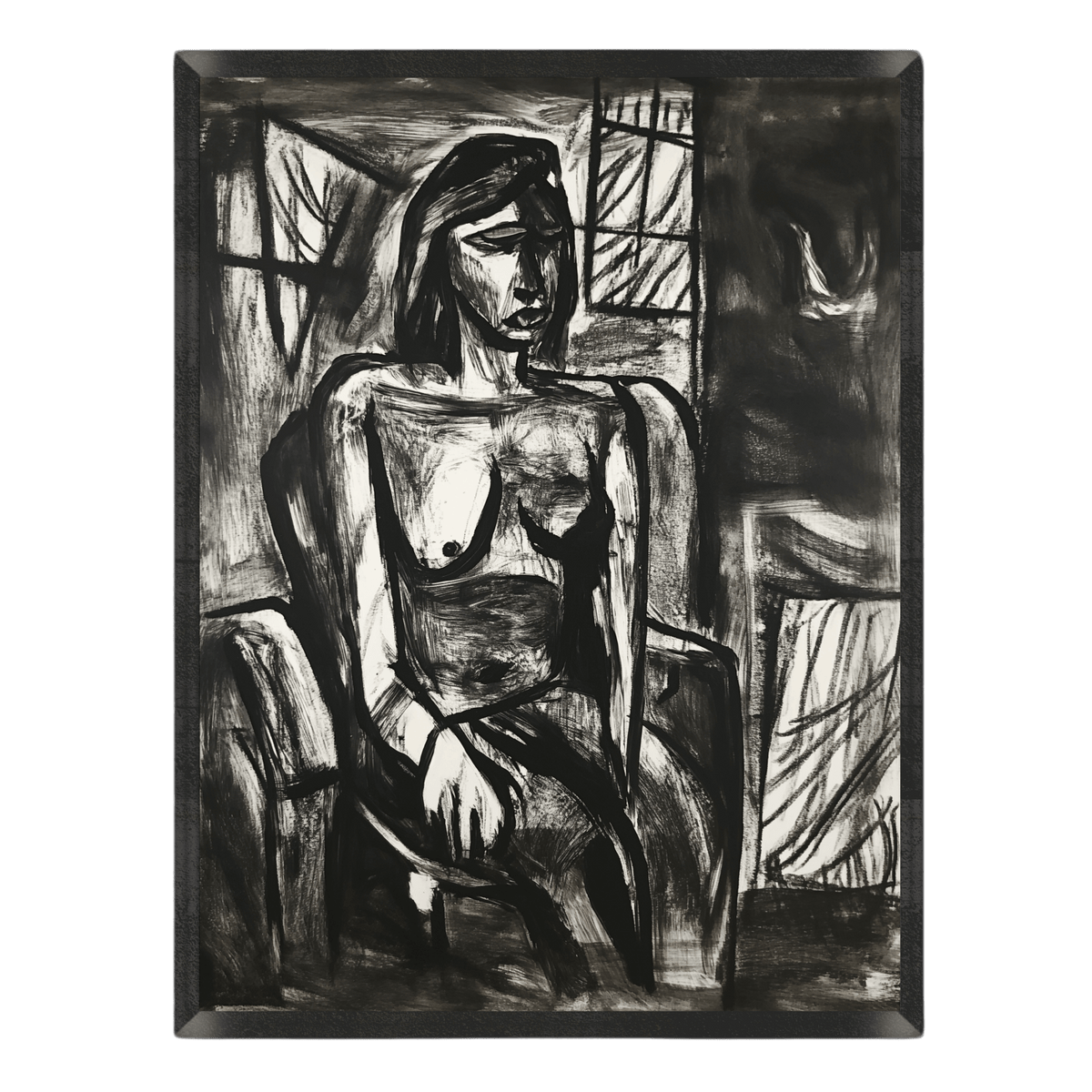 expressionist charcoal portrait poster featuring a seated woman rendered in bold, textured black and white paint strokes in a dark room setting, enclosed in a thin black frame