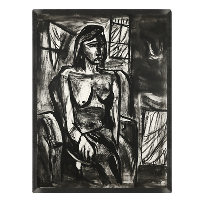 expressionist charcoal portrait poster featuring a seated woman rendered in bold, textured black and white paint strokes in a dark room setting, enclosed in a thin black frame