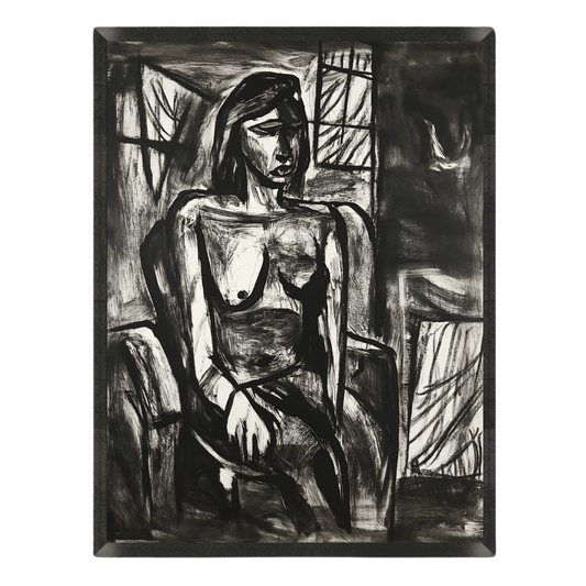 expressionist charcoal portrait poster featuring a seated woman rendered in bold, textured black and white paint strokes in a dark room setting, enclosed in a thin black frame