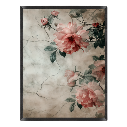 Wall art print featuring pink roses with green leaves over a textured, vintage-style beige background with visible cracks, enclosed in a thin black frame.