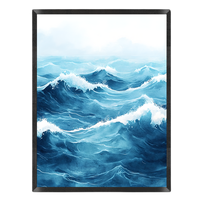 A watercolor illustration of stormy, rolling ocean waves in shades of deep blue, turquoise, and white foam under a soft, light sky.
