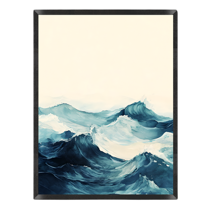 Wall art print depicting a stylized painting of deep blue and white ocean waves under a pale cream sky, enclosed in a thin black frame.