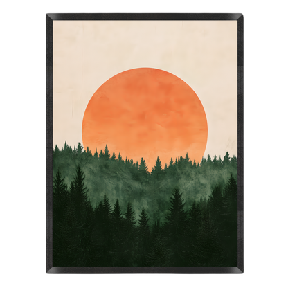 Wall art print featuring a minimalist landscape with a large orange sun over a dark green pine forest on a textured beige background, enclosed in a black frame.
