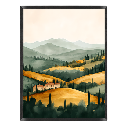 A landscape art print depicting rolling golden hills, cypress trees, distant blue-gray mountains, and a small house, shown against a plain white background.