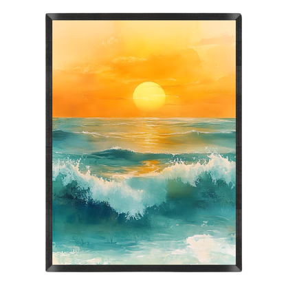 Wall art print depicting a vibrant sunset over the ocean, with golden-yellow sun rays, orange sky, and turquoise waves with white foam, presented in a black frame against a white background.