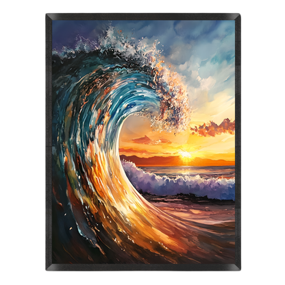 A square wall art print depicting a dramatic ocean wave curling at sunset, with blue water, white foam, and warm orange-gold sky tones, shown against a plain white background.