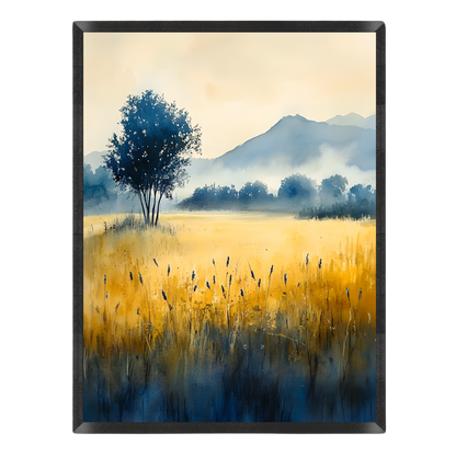 Landscape art print featuring a golden field with a single dark blue tree, misty blue mountains in the background, and a pale cream sky, enclosed in a black frame.