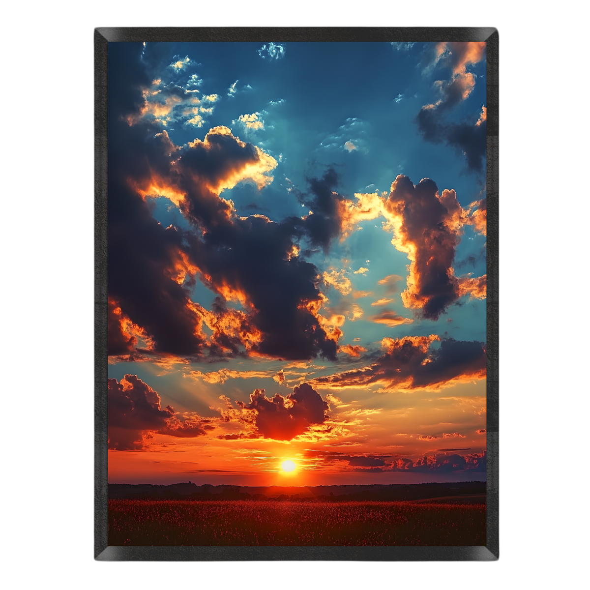 Vertical landscape art print depicting a dramatic sunset over a field, with glowing orange and red clouds against a deep blue sky, shown on a plain white background.