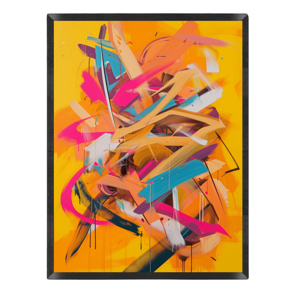 vibrant abstract street art print featuring dynamic energetic brushstrokes, sweeping loops, and paint drips in bright magenta pink, turquoise blue, orange, and beige over a bold yellow background in a thin black frame