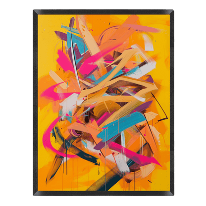 vibrant abstract street art print featuring dynamic energetic brushstrokes, sweeping loops, and paint drips in bright magenta pink, turquoise blue, orange, and beige over a bold yellow background in a thin black frame