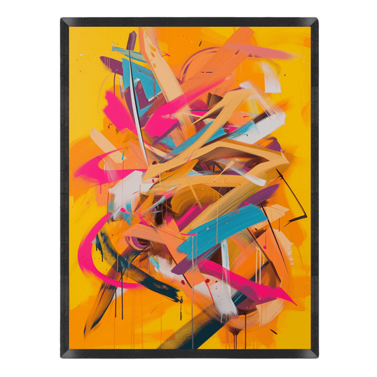 vibrant abstract street art print featuring dynamic energetic brushstrokes, sweeping loops, and paint drips in bright magenta pink, turquoise blue, orange, and beige over a bold yellow background in a thin black frame