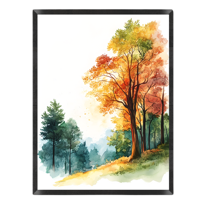 Watercolor art print depicting an autumn landscape with a prominent tree in orange and yellow foliage, green pines, and a soft blue misty background, enclosed in a black frame.