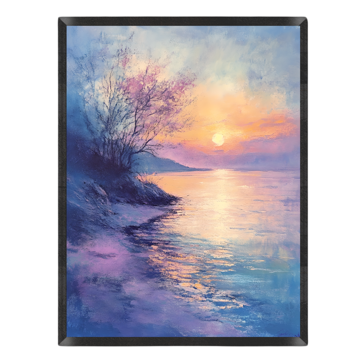 A landscape painting depicting a serene sunset over a calm lake, with a tree on the shore, rendered in soft brushstrokes of blue, purple, pink, and orange, set against a plain white background.