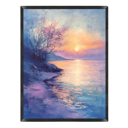 A landscape painting depicting a serene sunset over a calm lake, with a tree on the shore, rendered in soft brushstrokes of blue, purple, pink, and orange, set against a plain white background.