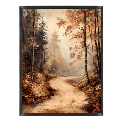 Wall art print depicting a winding dirt path through a misty autumn forest with tall trees and warm brown, beige, and orange tones, shown against a plain white background.