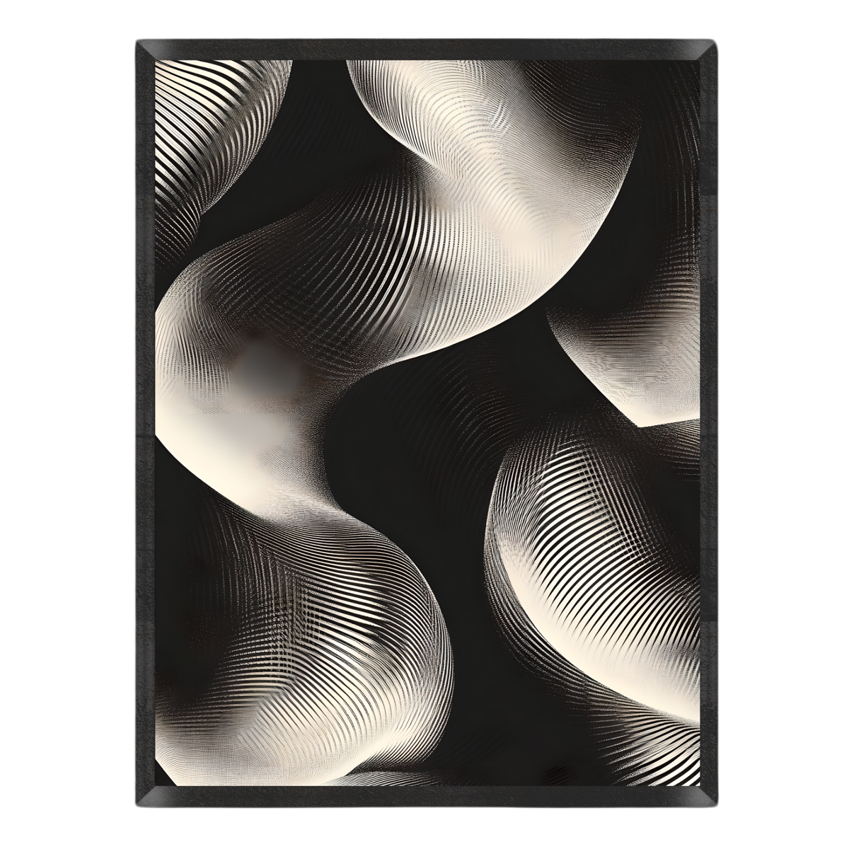 Abstract art print featuring black and white wavy, ribbed forms on a dark background, presented against a clean white backdrop.