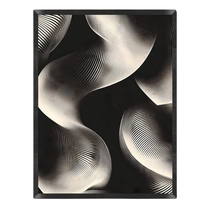 Abstract art print featuring black and white wavy, ribbed forms on a dark background, presented against a clean white backdrop.