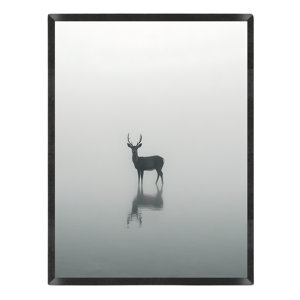 Art print featuring a black silhouette of a stag standing in misty water with its reflection visible, enclosed in a thin black frame against a white background.