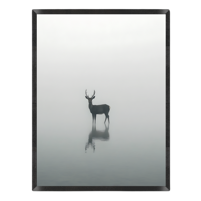 Art print featuring a black silhouette of a stag standing in misty water with its reflection visible, enclosed in a thin black frame against a white background.