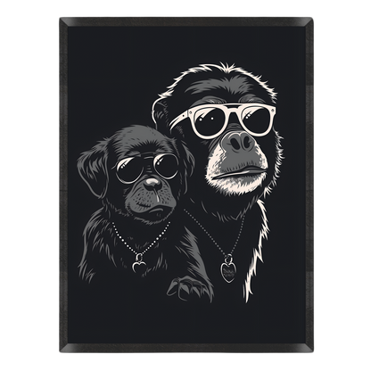 A rectangular black print featuring a stylized illustration of two chimpanzees wearing sunglasses and heart-shaped necklaces, shown against a plain white background.