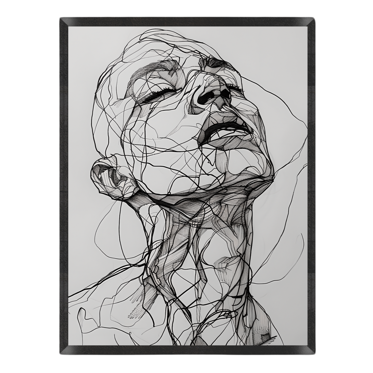 Black and white line art print depicting a human face and neck in a dramatic upward gaze, surrounded by abstract sketch lines, shown against a plain white background.
