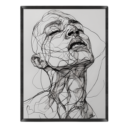 Black and white line art print depicting a human face and neck in a dramatic upward gaze, surrounded by abstract sketch lines, shown against a plain white background.