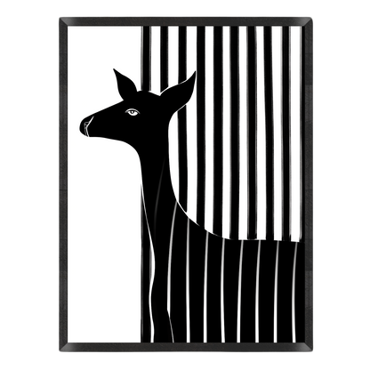 Black and white art print featuring a stylized deer silhouette in profile against vertical black stripes on a white background.