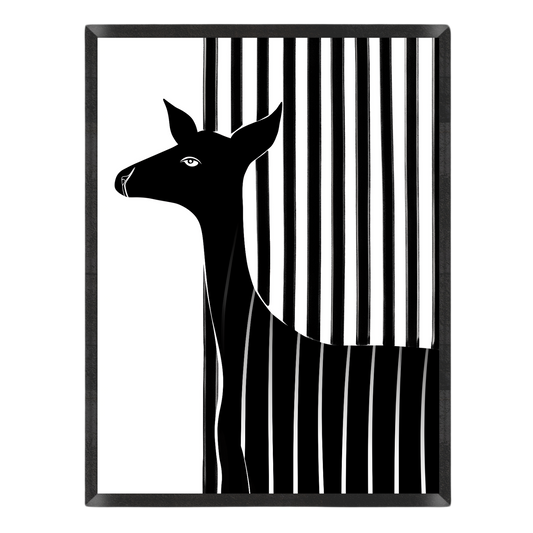 Black and white art print featuring a stylized deer silhouette in profile against vertical black stripes on a white background.
