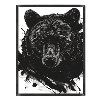Black and white art print featuring a detailed illustration of a bear's head with ink-like paint splatters, shown against a plain white background.