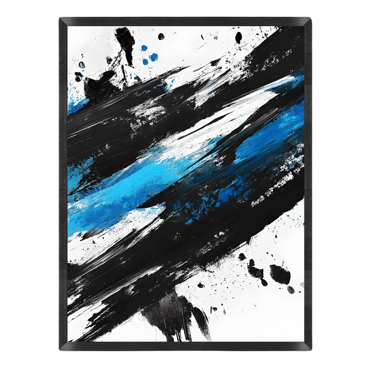 Abstract wall art featuring bold diagonal brushstrokes in black, white, and bright blue, with paint splatter details, shown in a black frame against a light gray background.