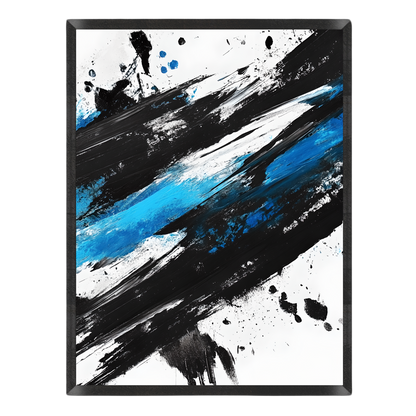 Abstract wall art featuring bold diagonal brushstrokes in black, white, and bright blue, with paint splatter details, shown in a black frame against a light gray background.